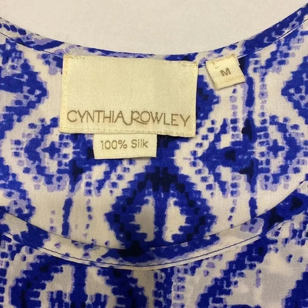 Cynthia Rowley TJX Blue White Aztec Tribal Sleeveless Tunic Silk Blouse Size M - Picture 3 of 6